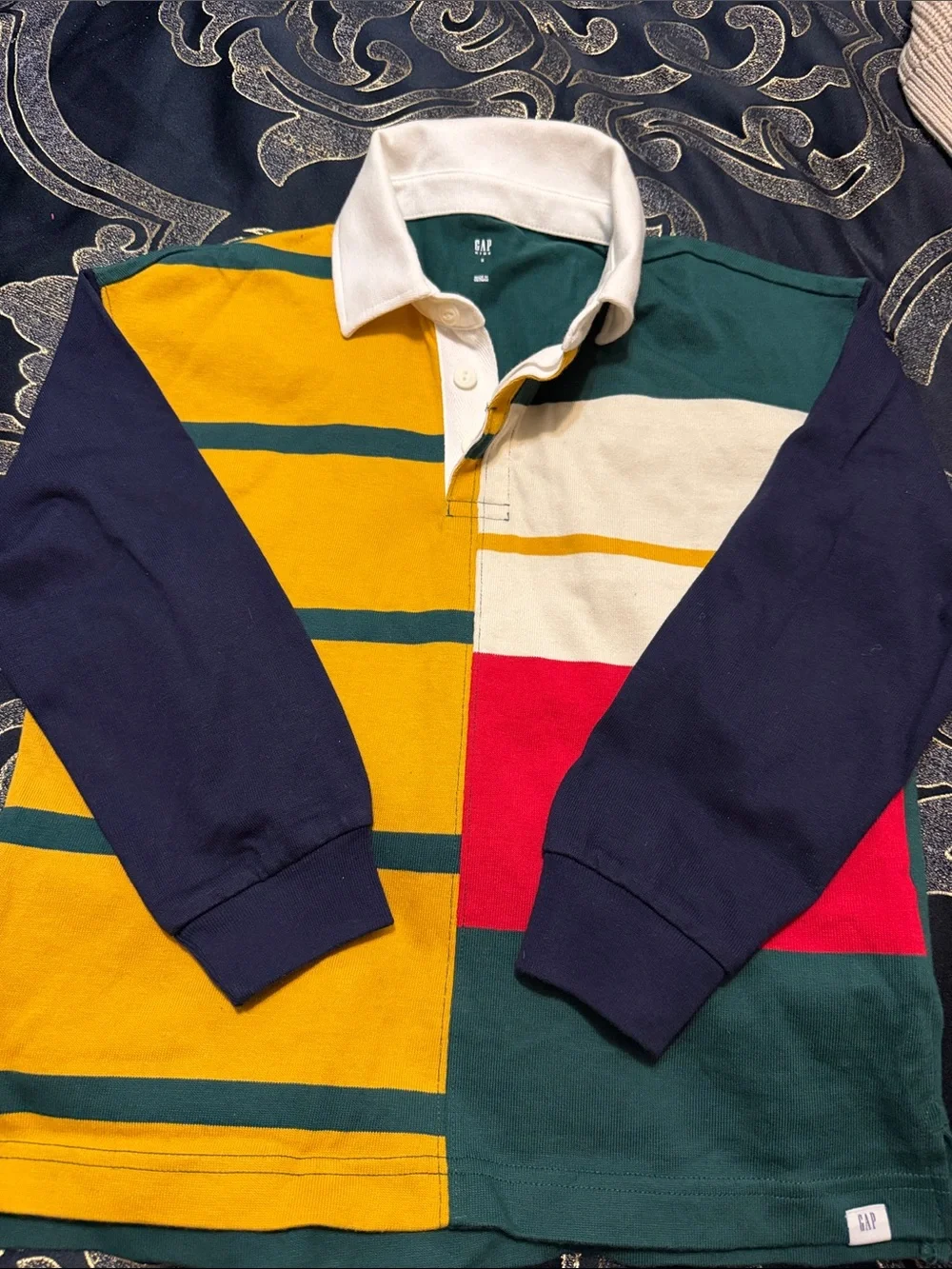 GAP Men's Colorblock Striped Rugby Shirt - Navy, Green, Yellow, Red, Cream